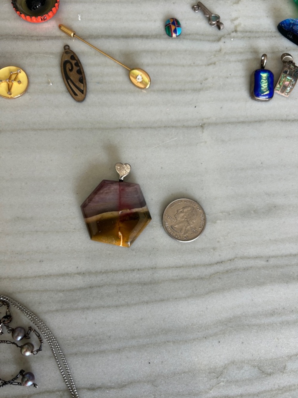 Hexagon Two-Tone Glass Pendant Necklace — Purple & Amber